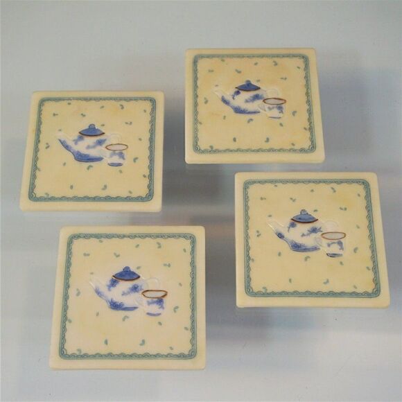 Vintage Tea Time Ceramic Coasters Ivory And Blue With Cork Back Set Of 4 - Picture 5 of 8